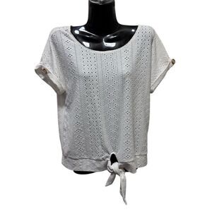 Luxology Women's White Eyelet Lace Blouse‎ S Boat Neck Short Sleeve